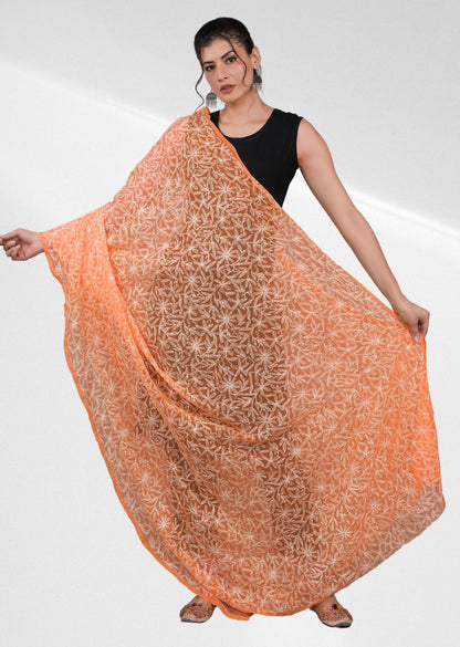 Firgun Orange Tepchi Lucknowi Chikankari Georgette Dupatta2