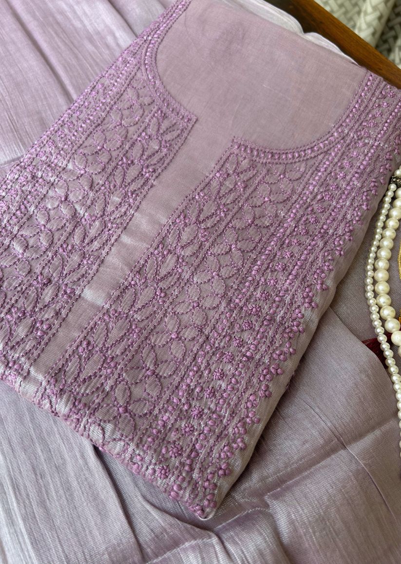 Firgun Dusty Lavender Lucknowi Chikankari Chanderi Silver Tissue Kurta Dupatta Set