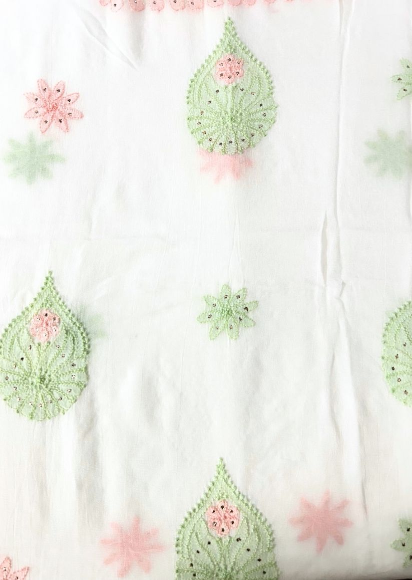 Firgun White Lucknowi Chikankari & Mukaish Work Viscose Georgette Unstitched Kurta & Dupatta Set