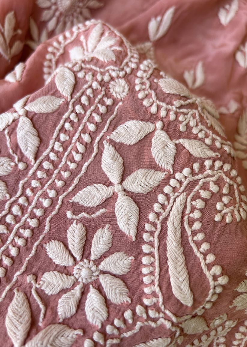 Firgun Peach Lucknowi Chikankari Silk Straight Kurta