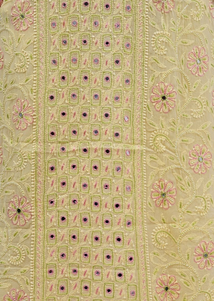 Firgun Lemon Lucknowi Chikankari Viscose Georgette Unstitched Kurta & Dupatta Set