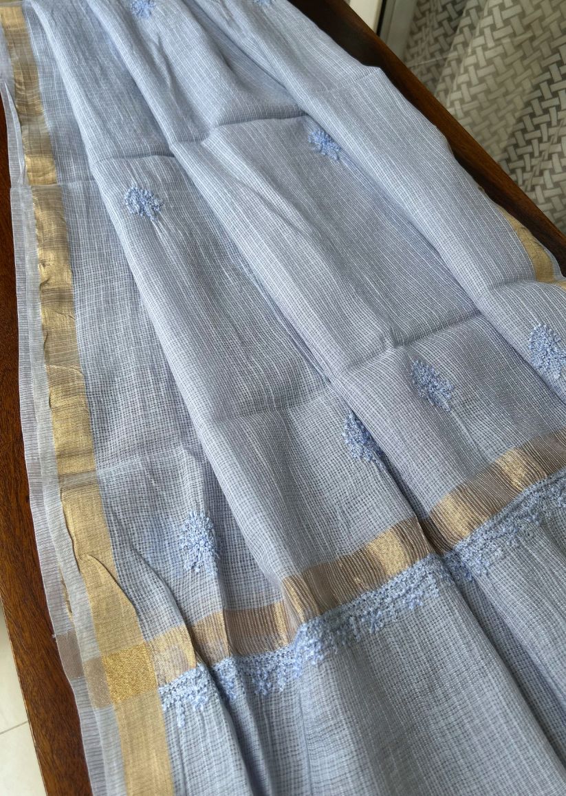 Firgun Sky Blue Lucknowi Chikankari Kota Unstitched Kurta & Dupatta Set