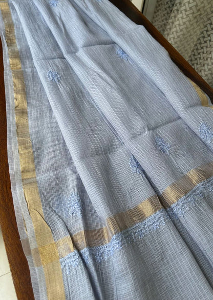 Firgun Sky Blue Lucknowi Chikankari Kota Unstitched Kurta & Dupatta Set