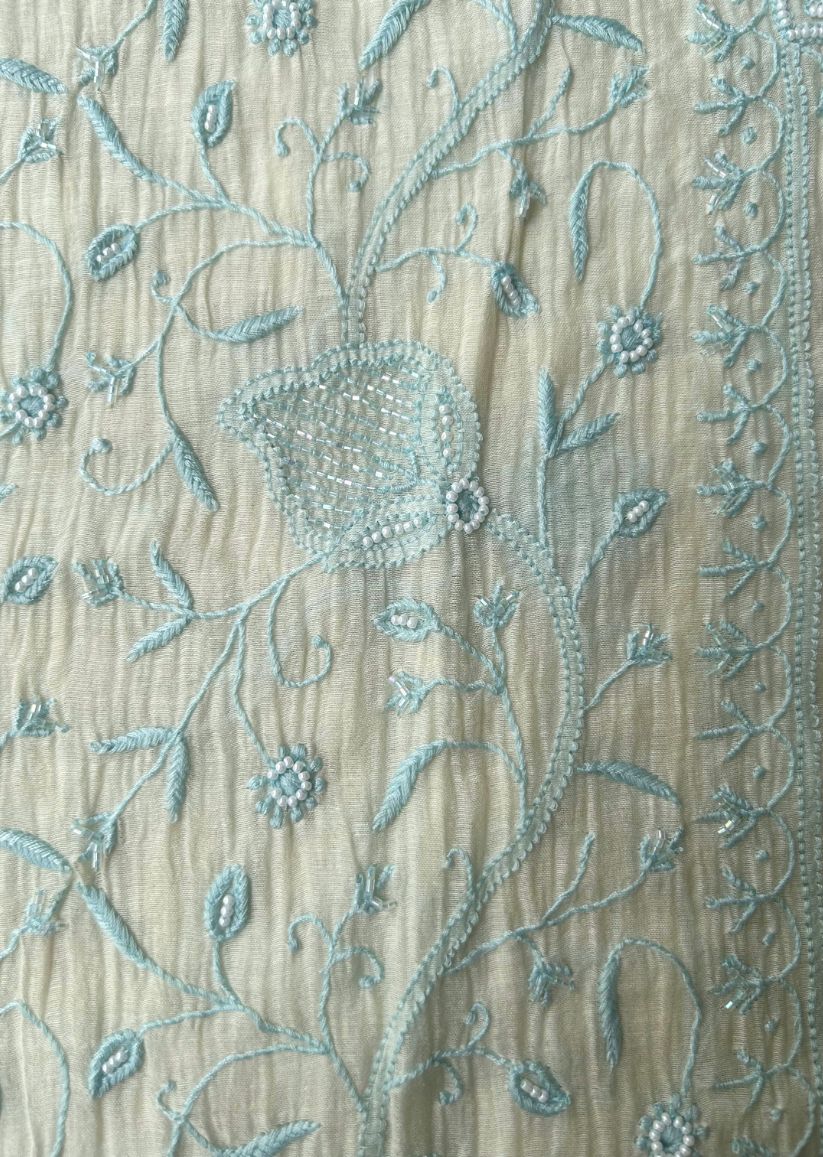 Firgun Ivory & Blue Lucknowi Chikankari Mul Chanderi Unstitched Kurta & Dupatta Set with Pearl & Cutdana Work