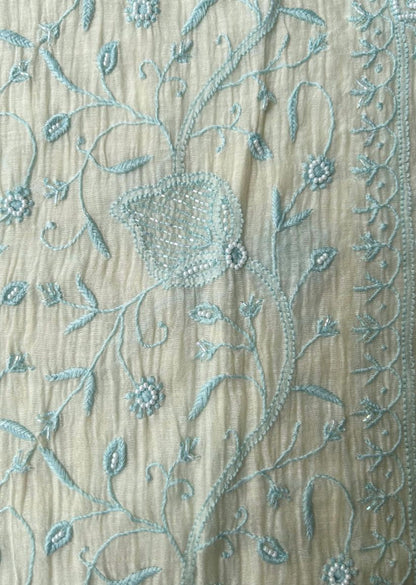 Firgun Ivory & Blue Lucknowi Chikankari Mul Chanderi Unstitched Kurta & Dupatta Set with Pearl & Cutdana Work
