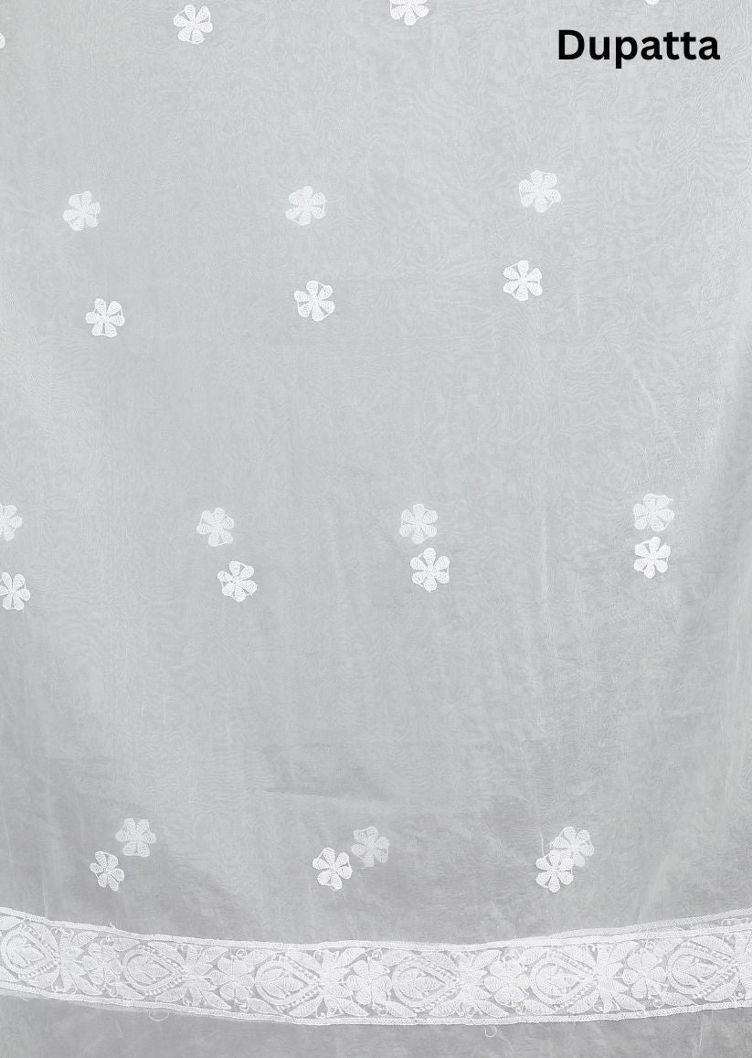 Firgun White Lucknowi Chikankari Organza Unstitched Kurta & Dupatta Set