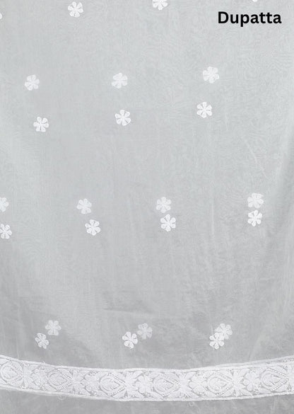 Firgun White Lucknowi Chikankari Organza Unstitched Kurta & Dupatta Set