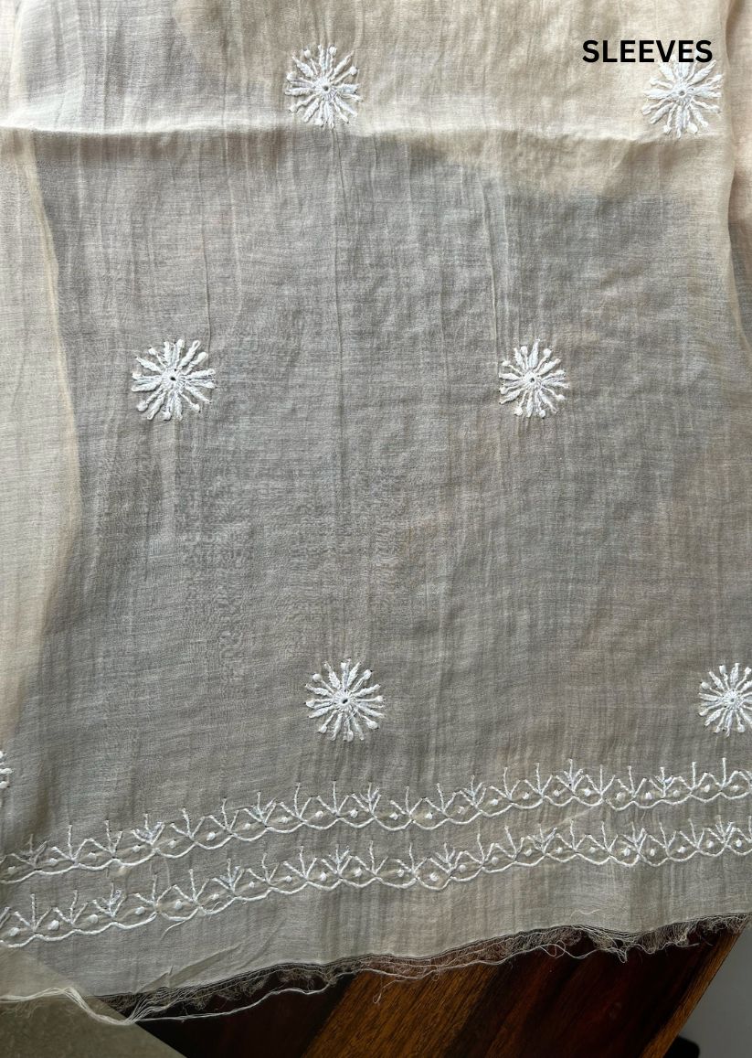 Firgun Beige Lucknowi Chikankari Mul Chanderi Unstitched Kurta & Dupatta Set with Pearl & Cutdana Work