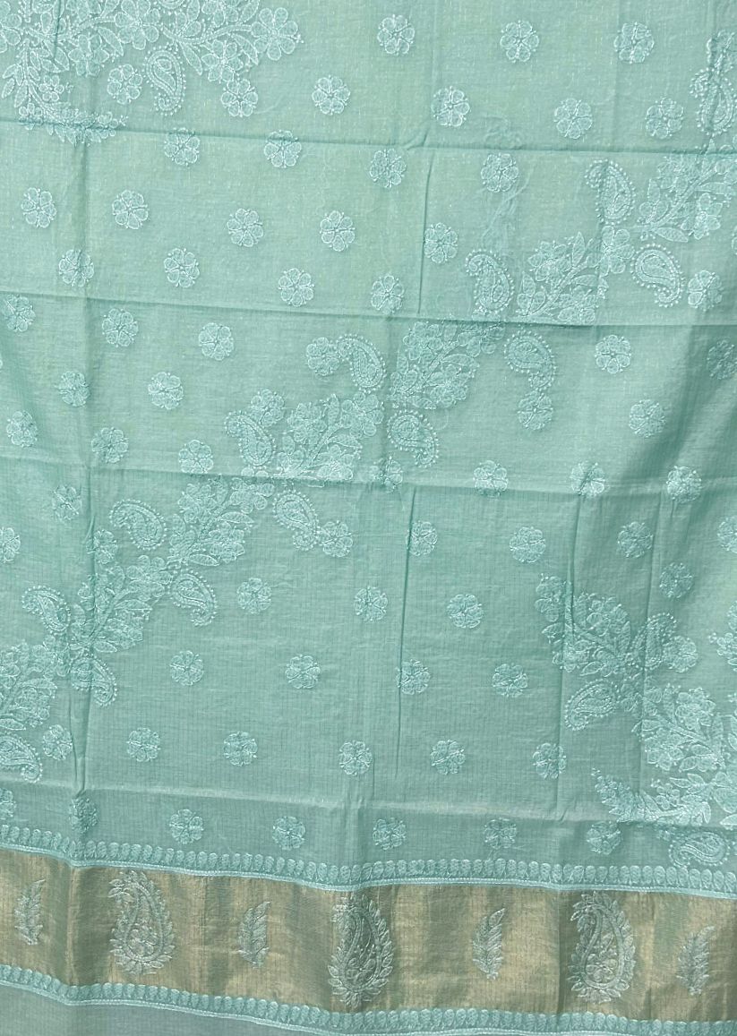 Firgun Mint Green Lucknowi Chikankari Mul Cotton Saree with Unstitched Blouse Piece