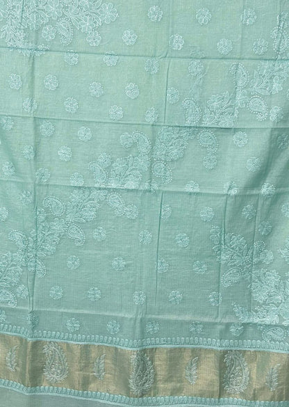 Firgun Mint Green Lucknowi Chikankari Mul Cotton Saree with Unstitched Blouse Piece