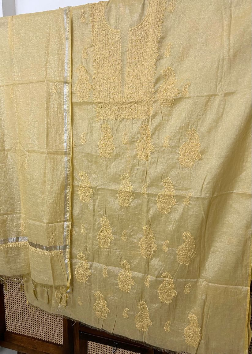 Firgun Yellow Lucknowi Chikankari Chanderi Silver Tissue Kurta Dupatta Set