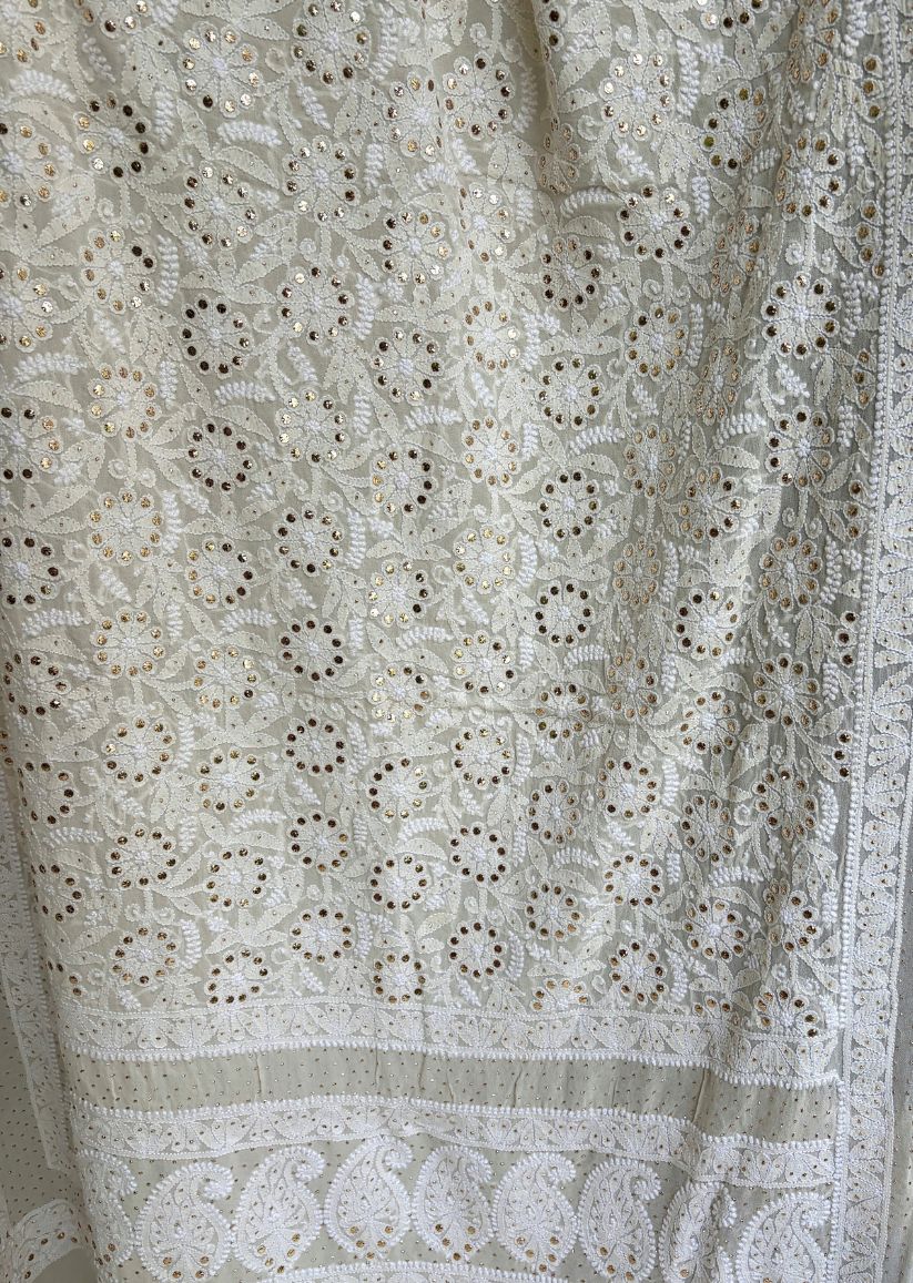 Firgun Cream Lucknowi Chikankari Pure Georgette Mukaish Work Dupatta