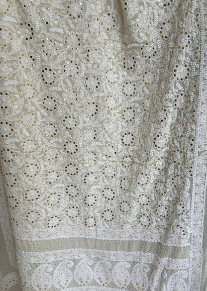 Firgun Cream Lucknowi Chikankari Pure Georgette Mukaish Work Dupatta