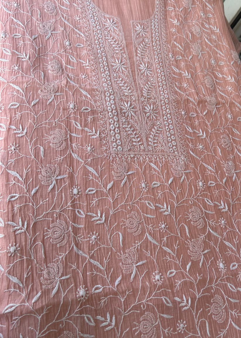 Firgun Peach Lucknowi Chikankari Mul Chanderi Unstitched Kurta & Dupatta Set