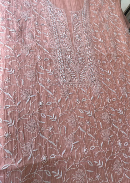Firgun Peach Lucknowi Chikankari Mul Chanderi Unstitched Kurta & Dupatta Set