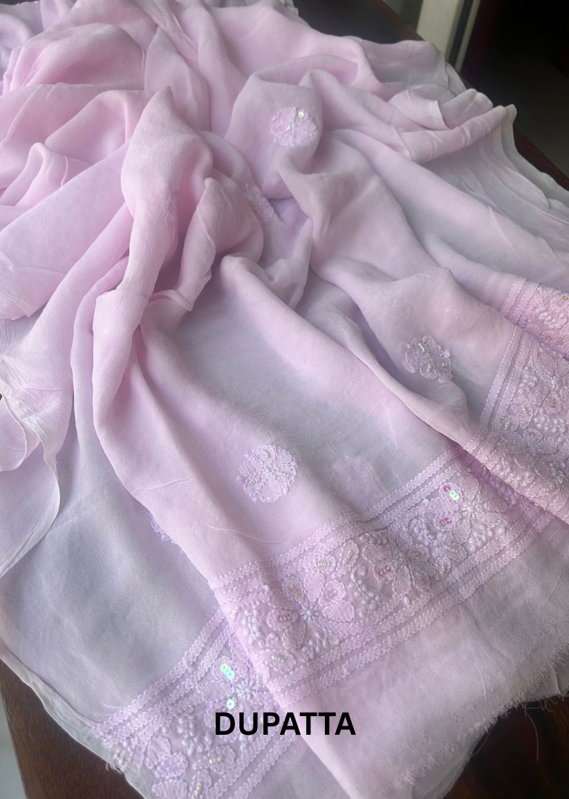 Firgun Baby Pink Lucknowi Chikankari Viscose Georgette Unstitched Kurta & Dupatta Set