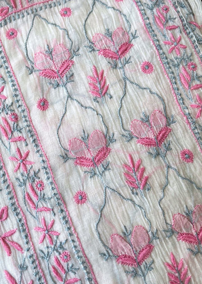 Firgun White Lucknowi Chikankari with Pink & Grey Work Mul Chanderi Unstitched Kurta & Dupatta Set