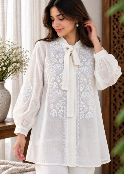 Firgun Cream Lucknowi Chikankari Mul Chanderi Semi-Stitched Shirt