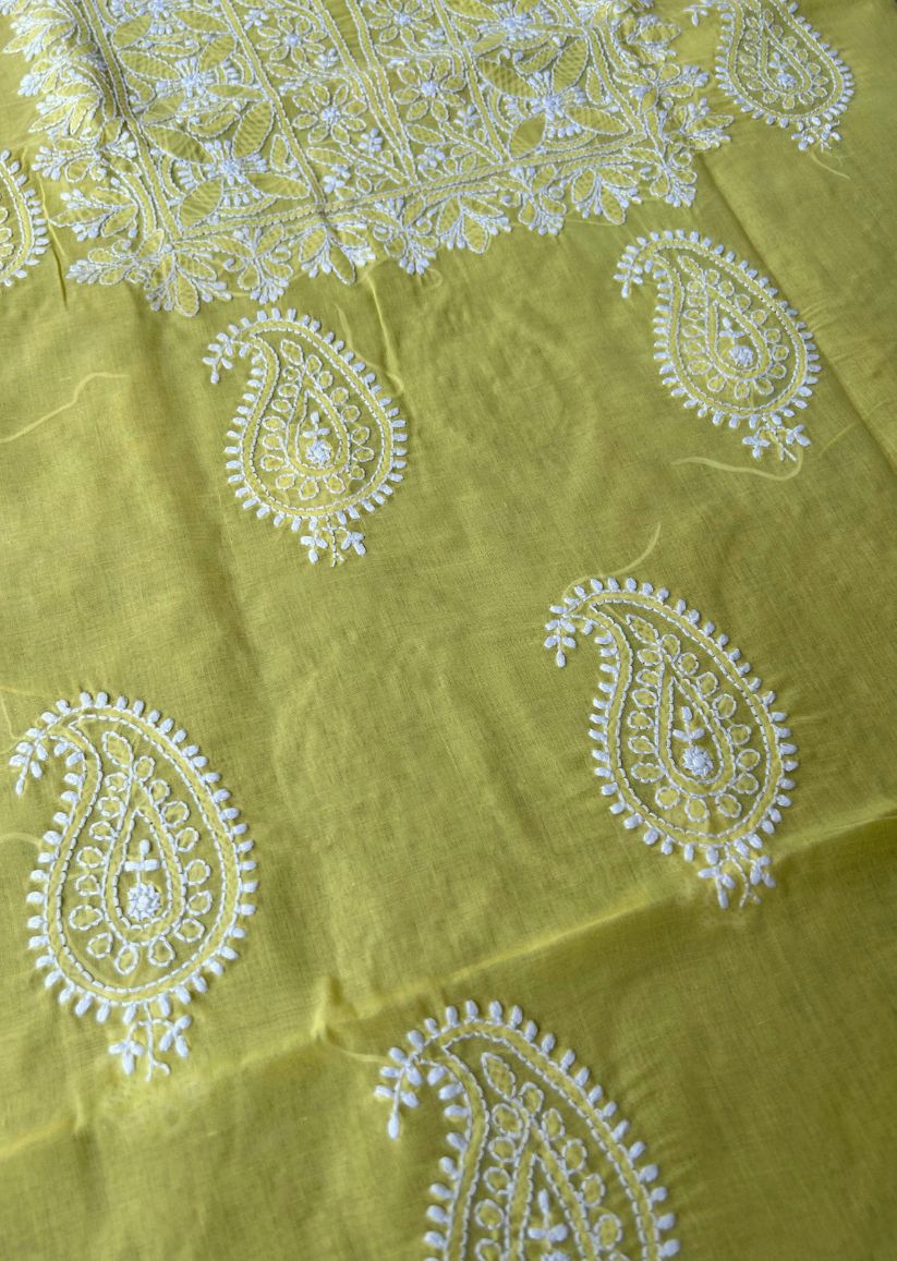 Firgun Yellow Lucknowi Chikankari Cotton Unstitched Kurta