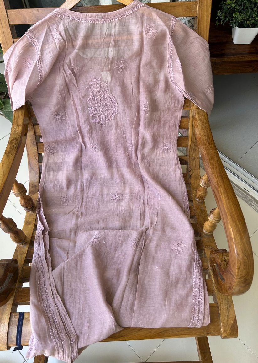 Firgun Wine Lucknowi Chikankari Mul Cotton Straight Kurta