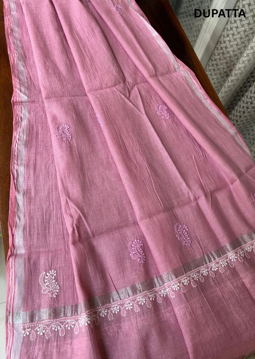 Firgun Pink Lucknowi Chikankari Chanderi Silver Tissue Kurta Dupatta Set