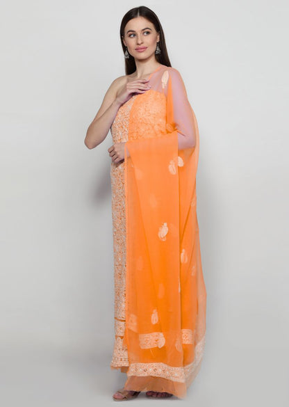 Firgun Hand Embroidered Orange Lucknowi Chikankari Georgette Unstitched Suit Set
