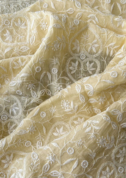 Firgun Butter Yellow Lucknowi Chikankari with Pearl & Cutdana Work Mul Chanderi Unstitched Kurta & Dupatta Set