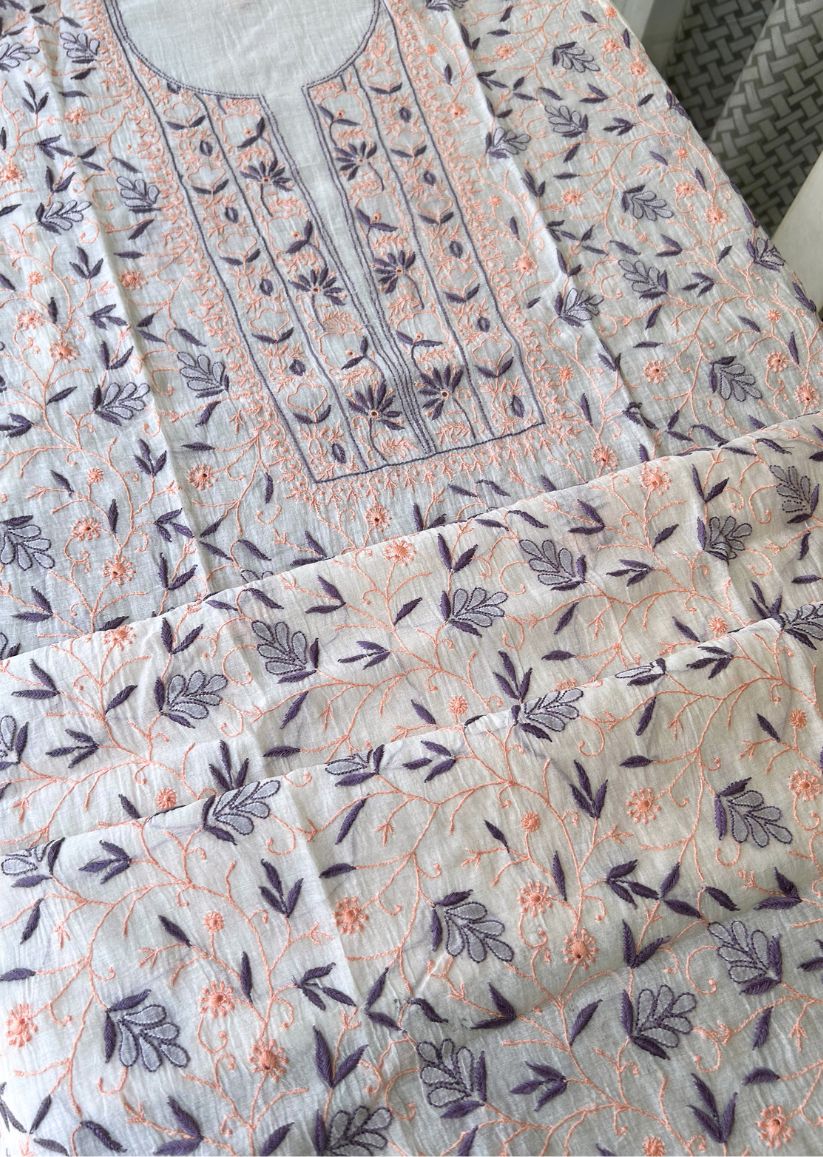 Firgun White Lucknowi Chikankari with Wine & Peach Work Mul Chanderi Unstitched Kurta & Dupatta Set
