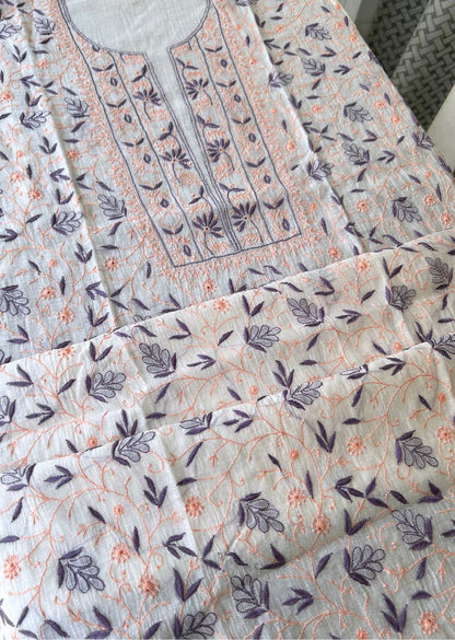 Firgun White Lucknowi Chikankari with Wine & Peach Work Mul Chanderi Unstitched Kurta & Dupatta Set