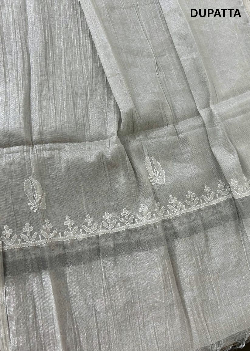 Firgun Silver Lucknowi Chikankari Chanderi Silver Tissue Kurta Dupatta Set