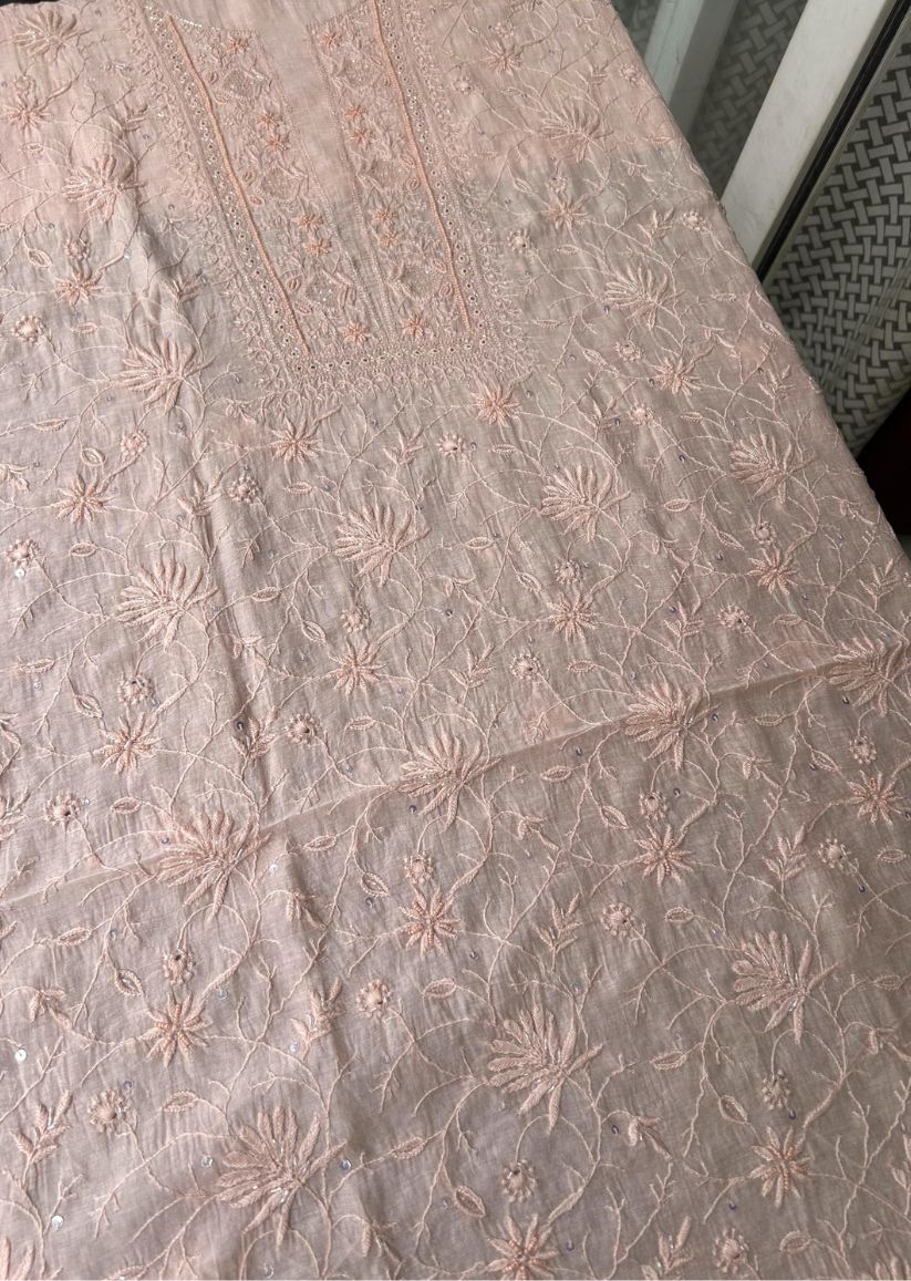 Firgun Peach Lucknowi Chikankari Mul Chanderi Unstitched Kurta & Dupatta Set with Pearl & Cutdana Work