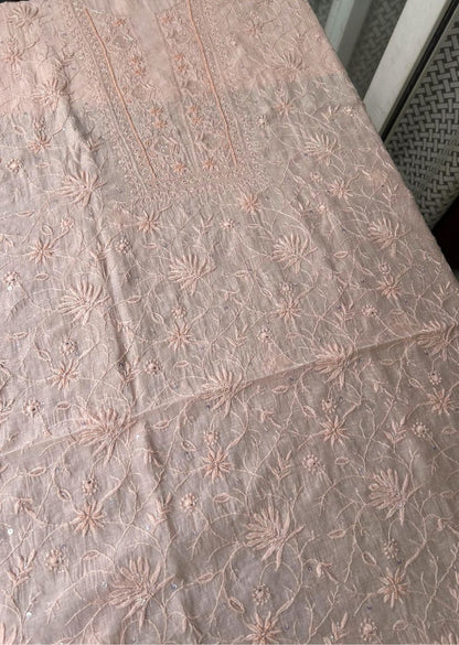 Firgun Peach Lucknowi Chikankari Mul Chanderi Unstitched Kurta & Dupatta Set with Pearl & Cutdana Work