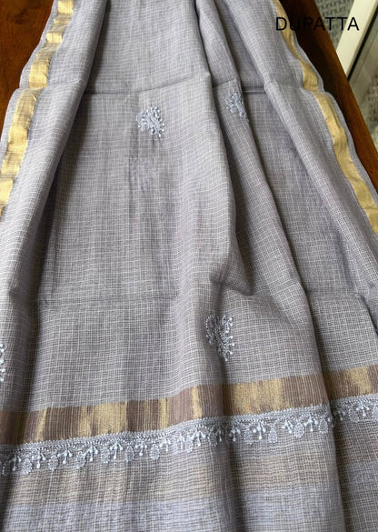 Firgun Slate Grey Lucknowi Chikankari Kota Unstitched Kurta & Dupatta Set