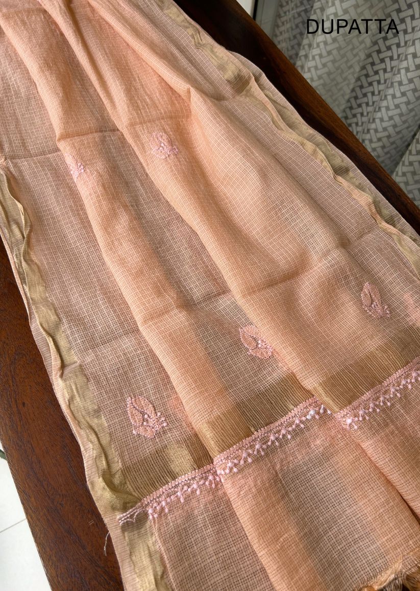 Firgun Apricot Lucknowi Chikankari Kota Unstitched Kurta & Dupatta Set