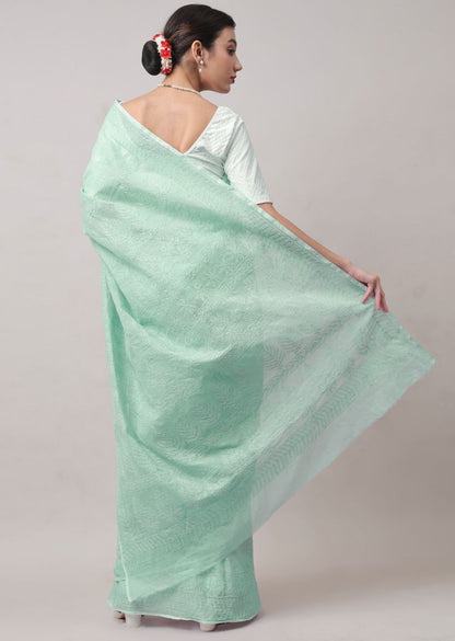 Firgun Hand Embroidered Mint Green Lucknowi Chikankari Kota Doria Tepchi Work Saree with Blouse Piece