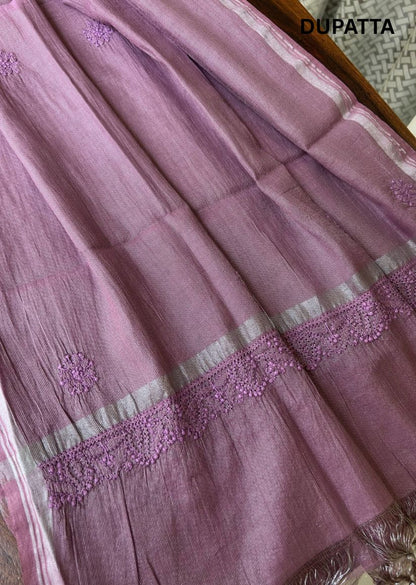 Firgun Dusty Mauve Lucknowi Chikankari Chanderi Silver Tissue Kurta Dupatta Set