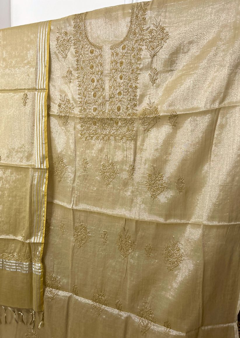 Firgun Mustard Lucknowi Chikankari Chanderi Silver Tissue Kurta Dupatta Set