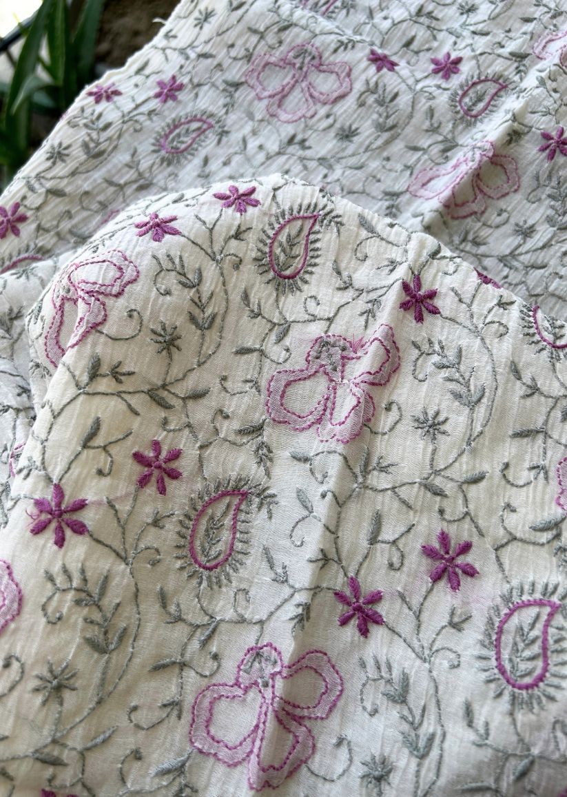 Firgun White Lucknowi Chikankari with Violet & Grey Work Mul Chanderi Unstitched Kurta & Dupatta Set