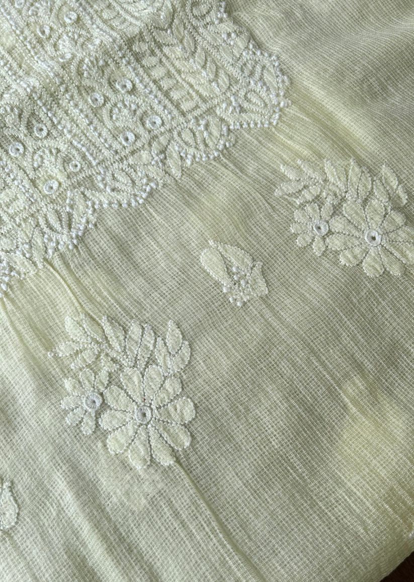 Firgun Lemon Lucknowi Chikankari Kota Unstitched Kurta & Dupatta Set
