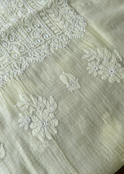 Firgun Lemon Lucknowi Chikankari Kota Unstitched Kurta & Dupatta Set