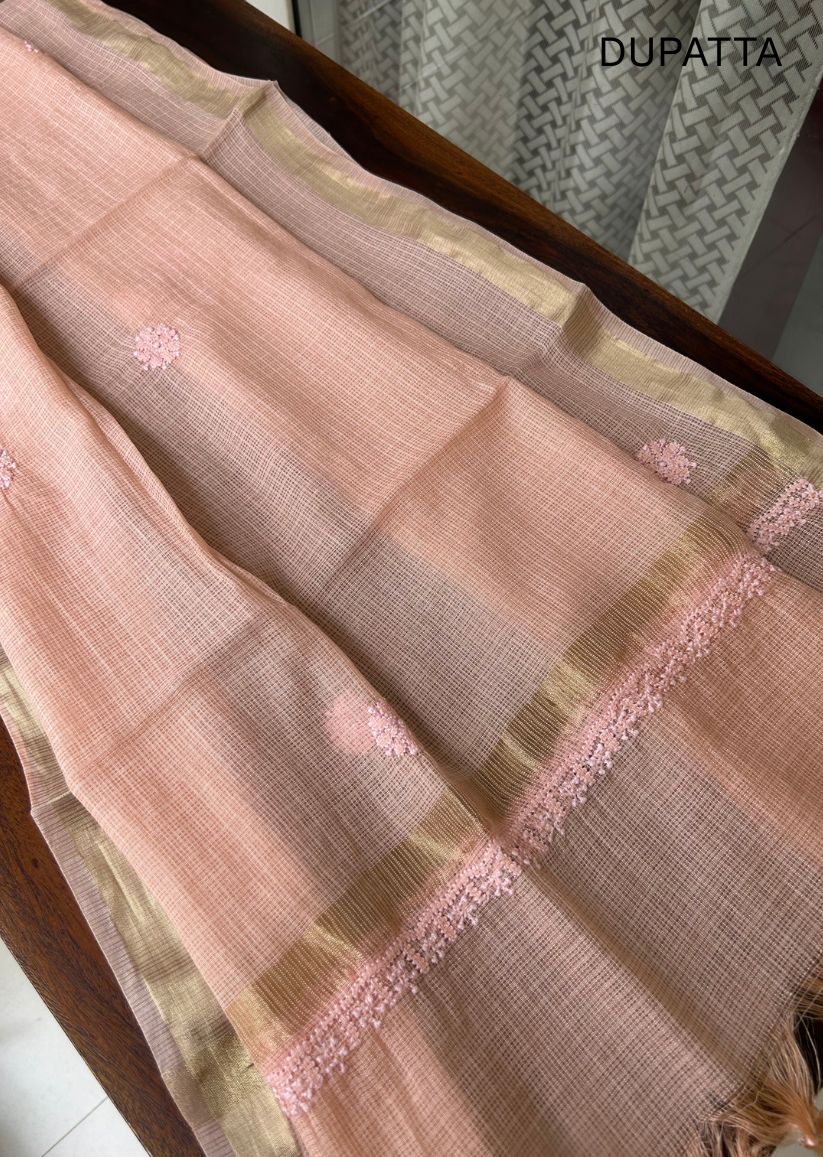 Firgun Orange Lucknowi Chikankari Kota Unstitched Kurta & Dupatta Set
