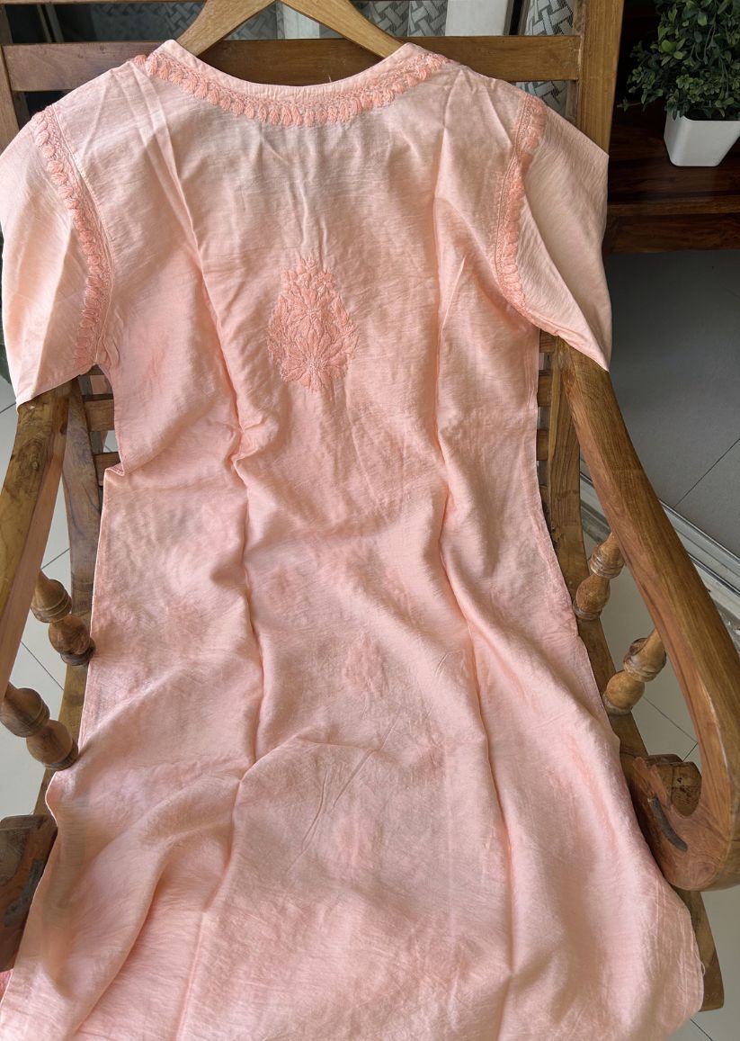 Firgun Orange Lucknowi Chikankari Chanderi Straight Kurta