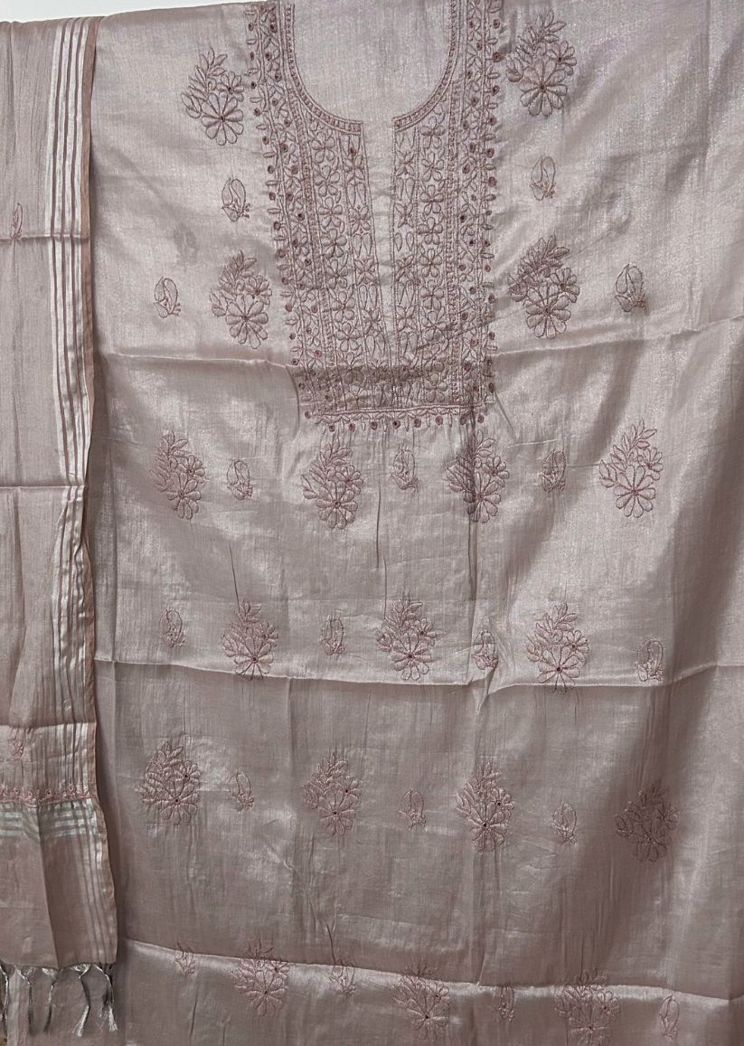 Firgun Rose Taupe Lucknowi Chikankari Chanderi Silver Tissue Kurta Dupatta Set