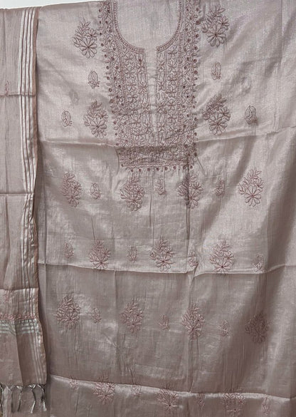 Firgun Rose Taupe Lucknowi Chikankari Chanderi Silver Tissue Kurta Dupatta Set