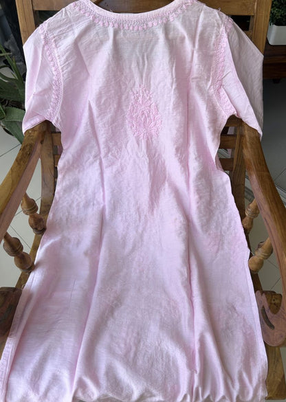 Firgun Pink Lucknowi Chikankari Chanderi Straight Kurta