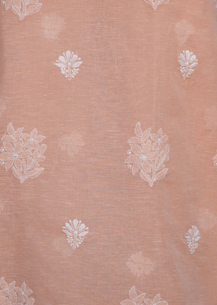 Firgun Orange Lucknowi Chikankari Linen Unstitched Kurta & Dupatta Set