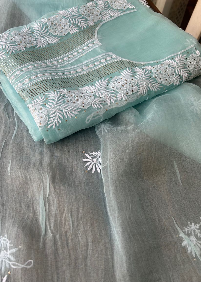 Firgun Aqua Blue Lucknowi Chikankari Pure Organza Unstitched Kurta & Dupatta Set