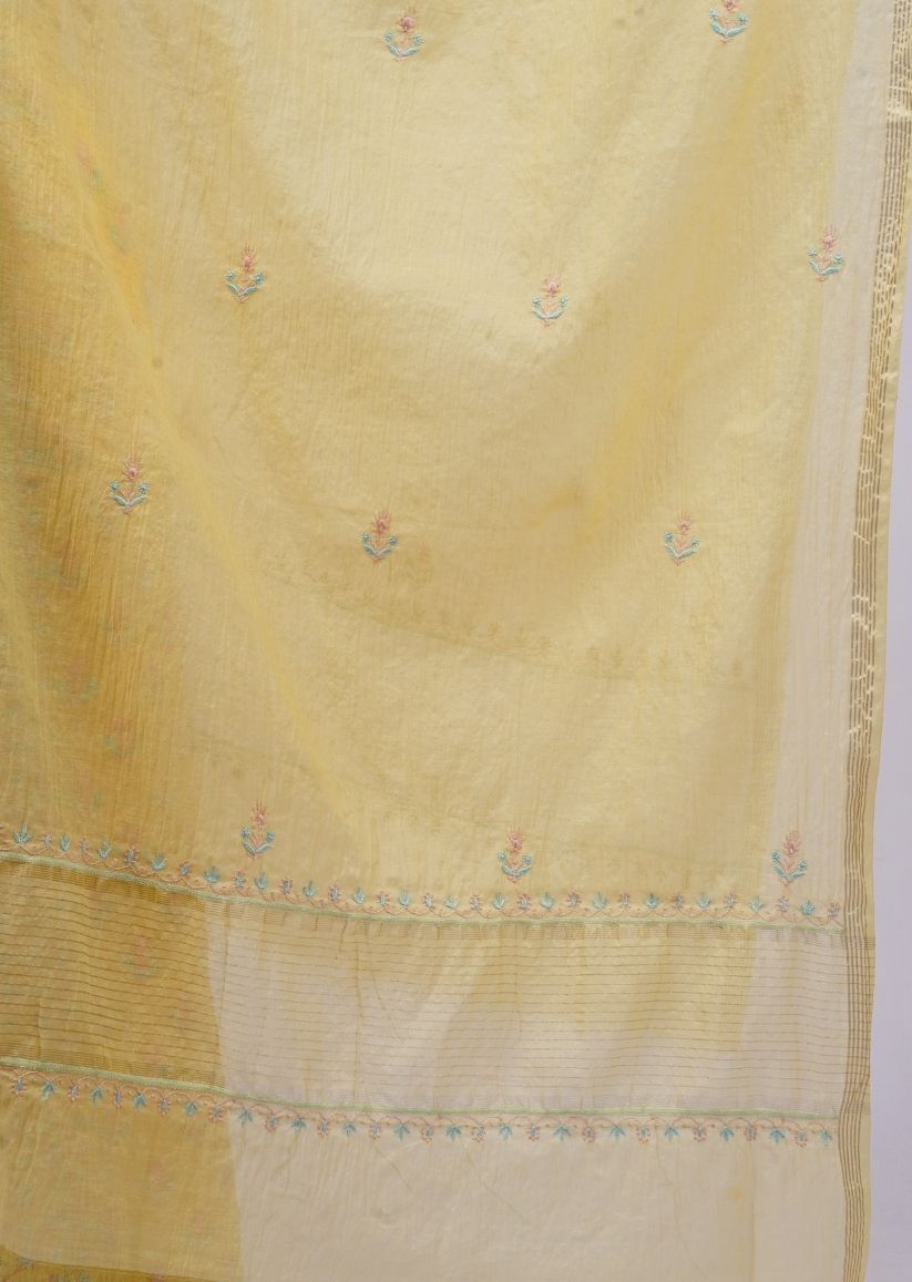 Firgun Lemon Lucknowi Chikankari Mul Chanderi Unstitched Kurta & Dupatta Set