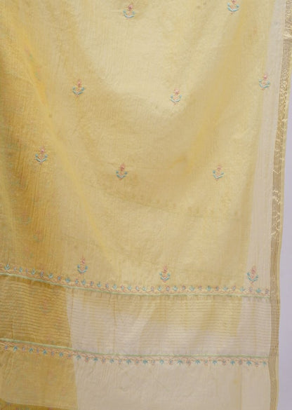 Firgun Lemon Lucknowi Chikankari Mul Chanderi Unstitched Kurta & Dupatta Set