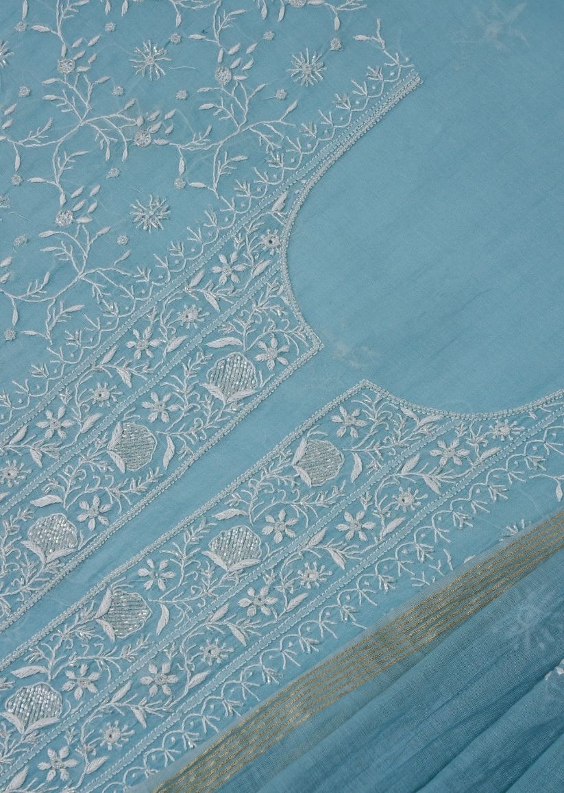 Firgun Cerulean Blue Lucknowi Chikankari Mul Chanderi Unstitched Kurta & Dupatta Set